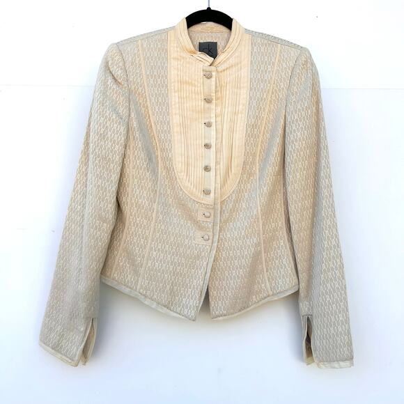 Vintage Calvin Klein Cream Tuxedo Front Pleated Blouse Jacket Mandarin Small - Picture 2 of 10